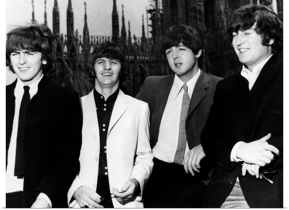 The Beatles in Milan, Italy. Photograph, 1965. Left to right: George Harrison, Ringo Starr, Paul McCartney and John Lennon.