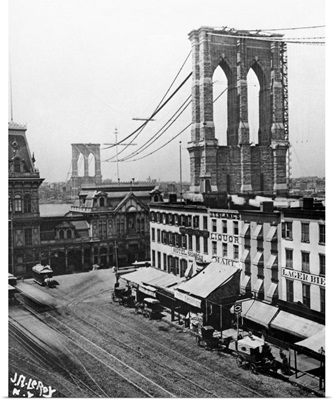 The Brooklyn Bridge under construction over the East River in New York City, 1880