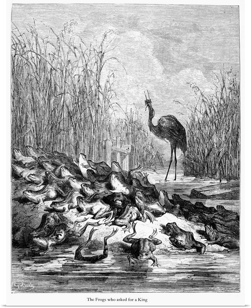 Aesop, Crane And Frogs. The Crane King Eating the Frogs, In Aesop's Fable 'The Frogs Who Asked For A King.' Wood Engraving...