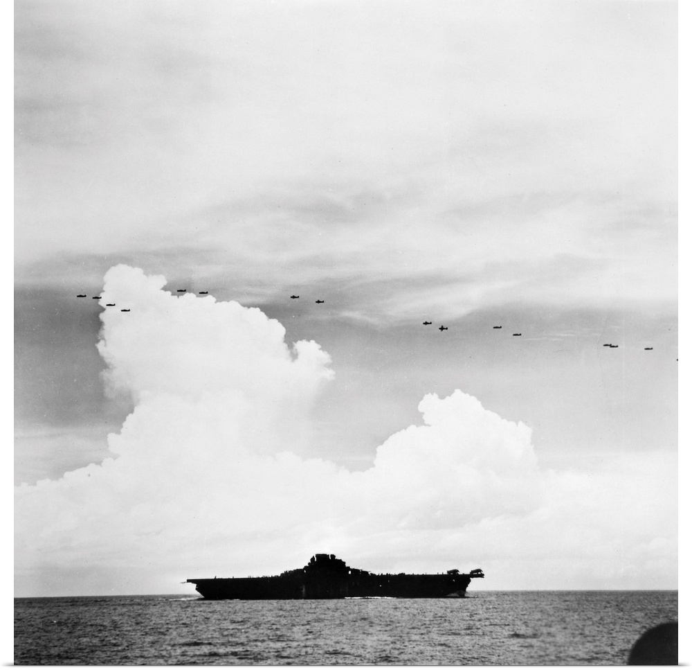 The military aircraft carrier, USS Yorktown, in a scene from the American propaganda film, 'The Fighting Lady,' 1944.