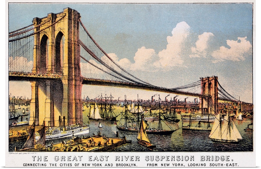 'The Great East River Suspension Bridge.' View of the Brooklyn Bridge connecting Manhattan and Brooklyn. Lithograph by Cur...