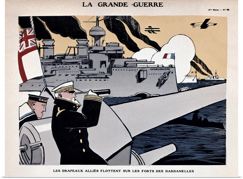 'The Great War.' French poster, c1915, showing Allied ships during a naval battle in the Dardanelles strait during World W...