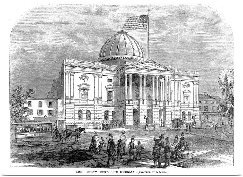 The Kings County Courthouse in Brooklyn, New York. Wood engraving, American, 1865.