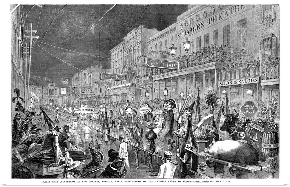 New Orleans, Mardi Gras. 'Procession Of the Mistick Krewe Of Comus.' The Mardi Gras Parade In New Orleans, 6 March 1867. C...