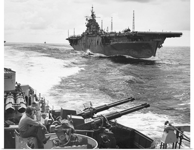 The USS Essex aircraft carrier as seen from the USS Ault, 1943