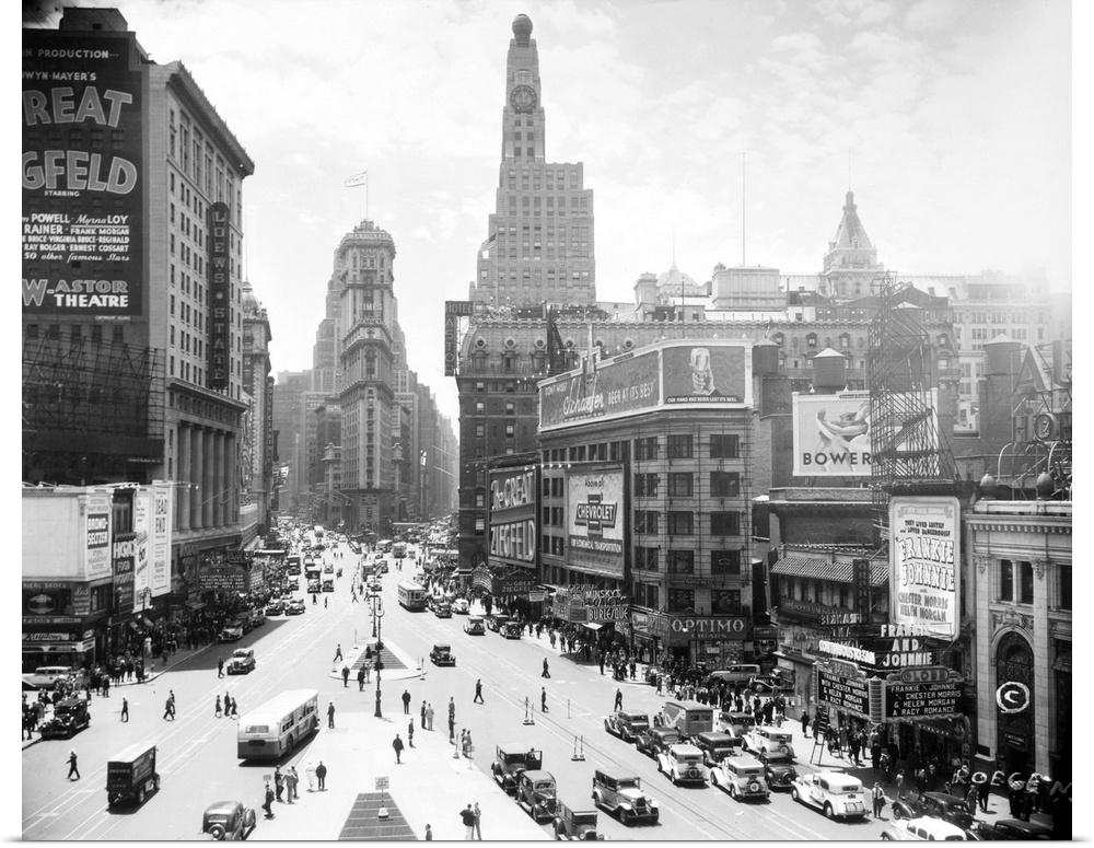 Looking south at the crossing of Broadway and 7th Avenue toward the New York Times Tower at 42nd Street, 1936.