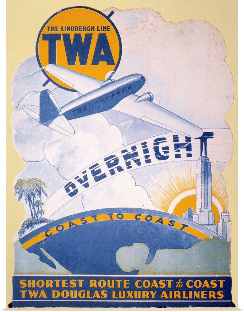 A 1934 Trans-World Airlines poster introducing the new Douglas DC-2 on transcontinental routes.