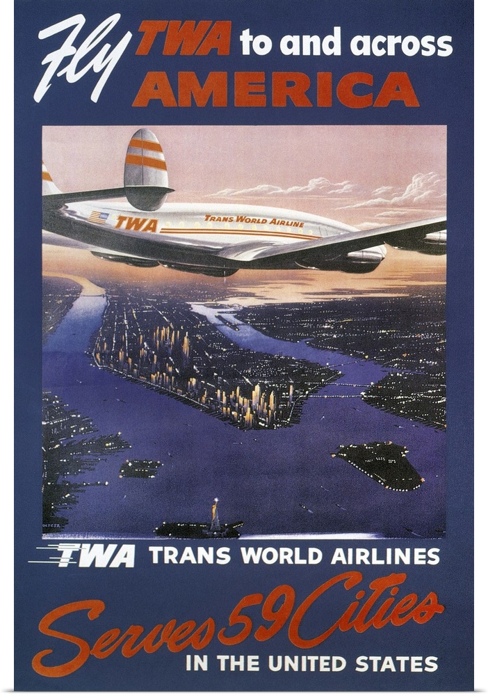 A 1950s Trans-World Airlines poster showing a TWA Lockheed Constellation over Manhattan.