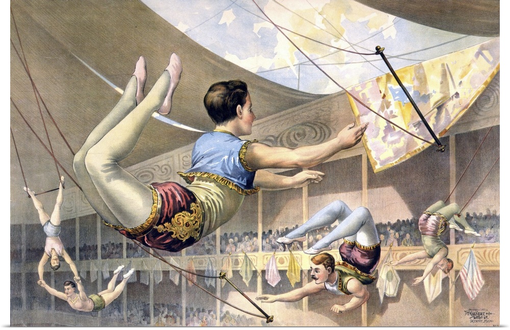 Trapeze artists performing at a circus. Lithograph, c1890.