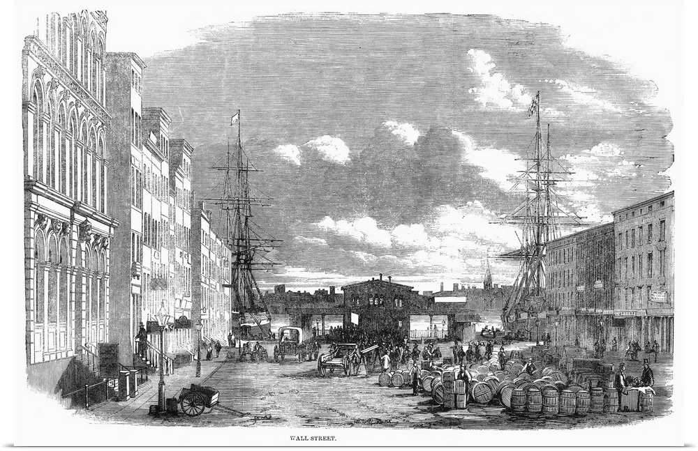 The eastern end of Wall Street, New York. Wood engraving from an English newspaper of 1859.