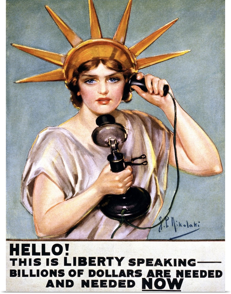 An American war poster depicting a woman dressed as the Statue of Liberty, talking on the telephone saying 'Hello! This is...