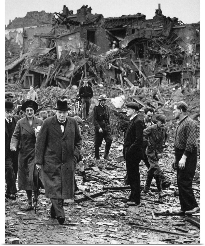 (1874-1965). Sir Winston Leonard Spencer Churchill. English statesman and writer. Prime Minister Churchill inspecting bomb...