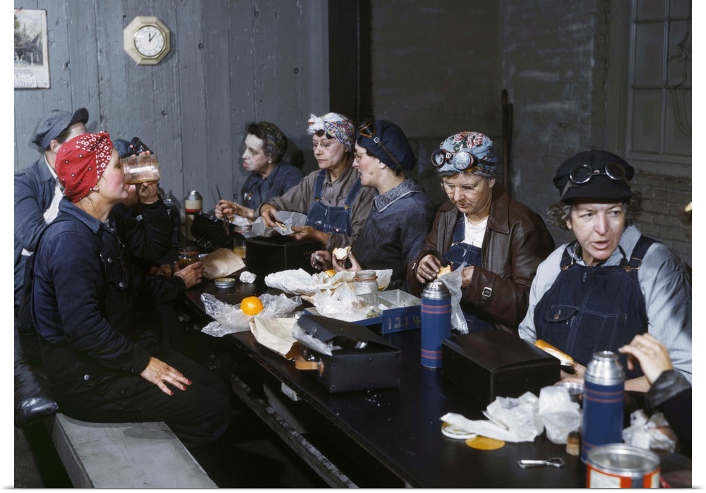 Women workers at the Chicago and North Western railroad on their lunch break in Clinton, Iowa. Photograph by Jack Delano, ...