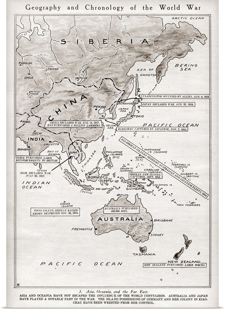 World War I, Geography. Map Showing the Chronology And Geography Of the Effects Of World War I In Asia And Australia,