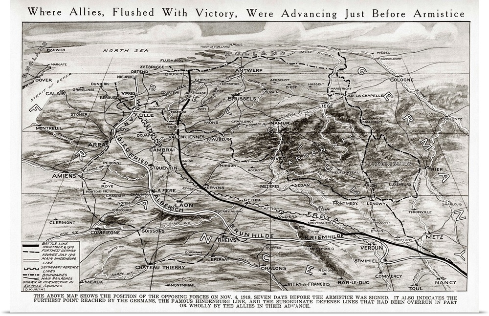 World War I, Map, 1918. Map Showing the Position Of Forces On 4 November 1918, Seven Days Before the Armistice Was Signed....