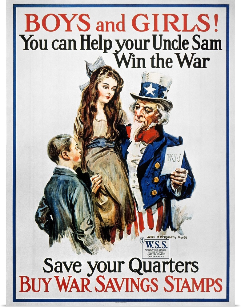 'Boys and Girls! You Can Help Your Uncle Sam Win the War.' American World War I War Savings Stamp poster by James Montgome...
