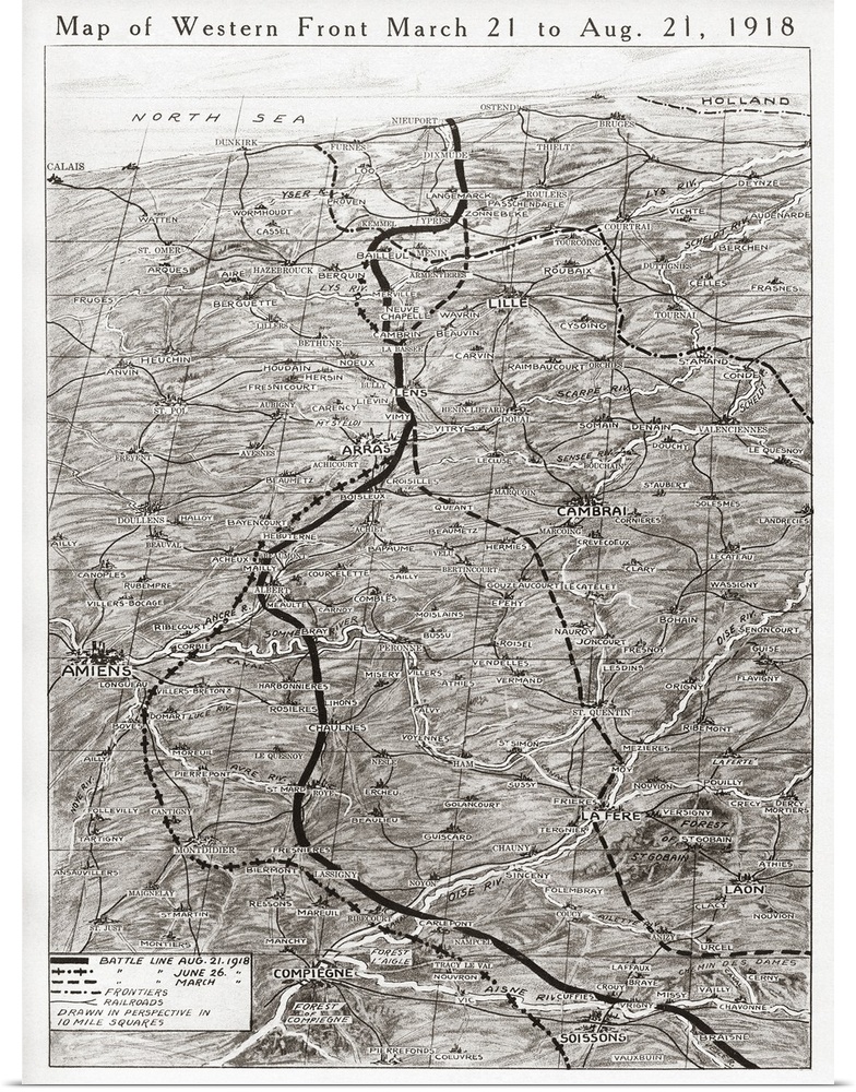 World War I, Western Front. Map Depicting the Battle Line When the German Offensive Of March 21, 1918 Was Launched, the Fu...