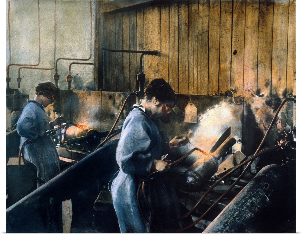 Women welding bomb casings in an American munitions factory, c1917. Oil over a photograph.