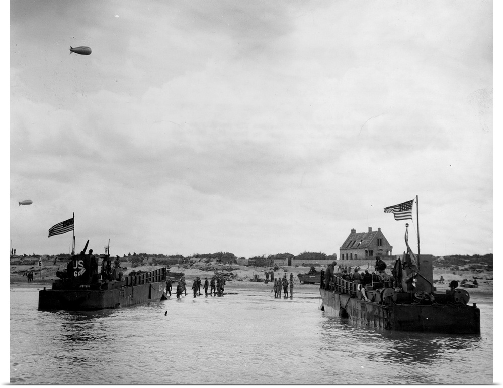 Two American landing crafts land troops and supplies on the 'Green Beach' area of Utah Beach two days after the initial in...