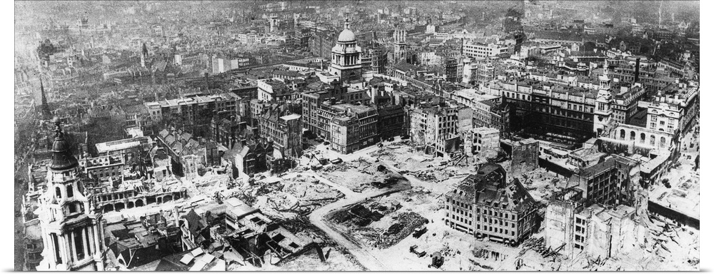Photograph taken from the dome of Saint Paul's Cathedral, following a German air raid during World War II. Photograph, 1941.