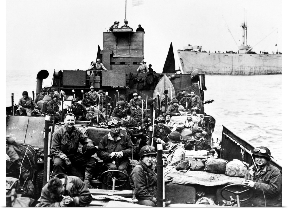American soldiers aboard a U.S. Coast Guard landing craft en route to Normandy to join the invasion force over one month a...