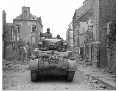World War II: Normandy, American tank moving through liberated Saint-Lo