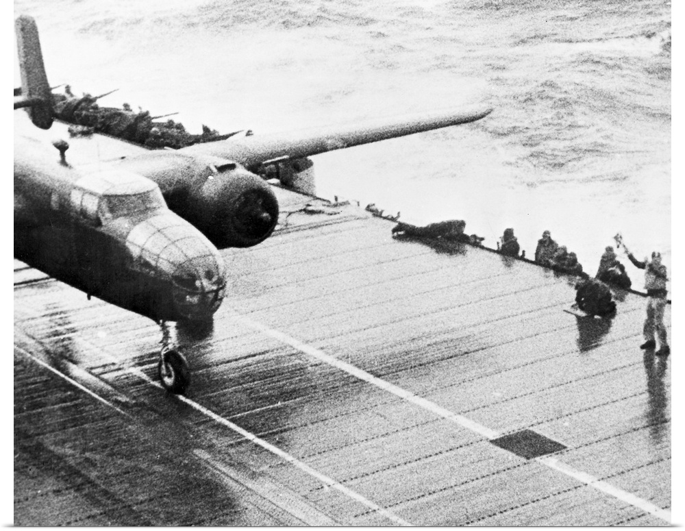 An Army Air Force B-25, under the command of Major General James H. Doolittle, takes off from the aircraft carrier USS Hor...