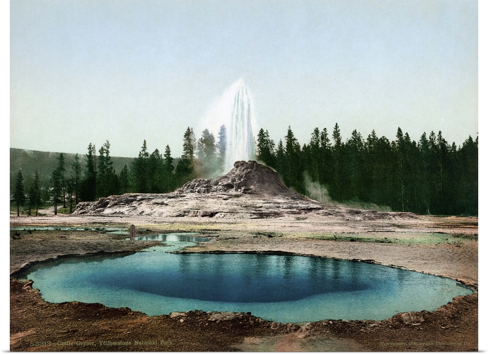 Yellowstone Park, Geyser. View Of the Sinter Cone Castle Geyser Eruption In Yellowstone National Park, Wyoming. Photochrom...
