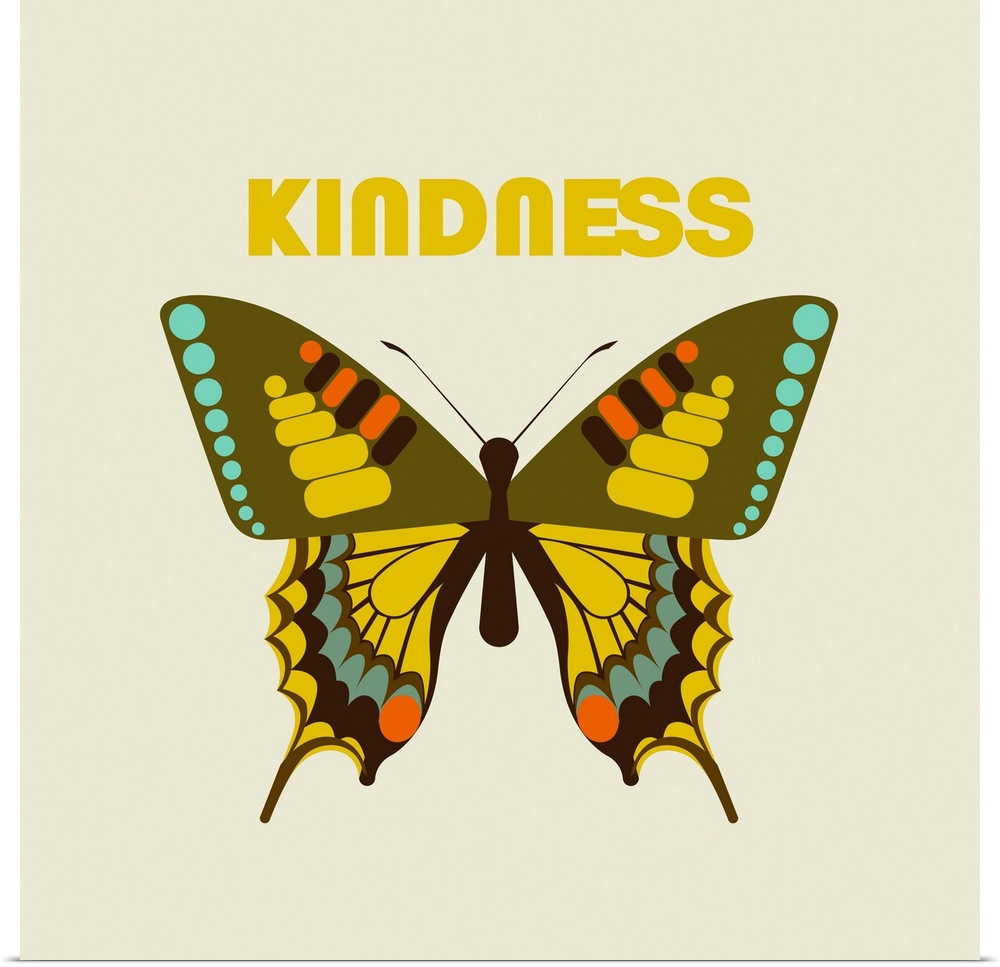 A modern illustration of butterfly and the text 'Kindness' with a white border.