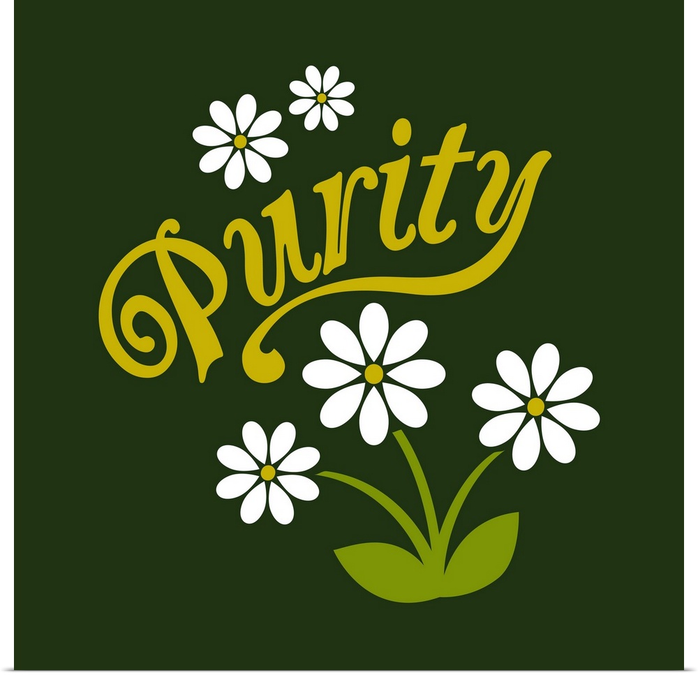 A modern illustration of white daisies and the text 'Purity' with a white border.