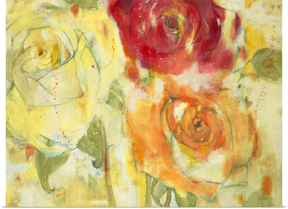Contemporary painting of vibrant red orange and yellow flowers close-up.