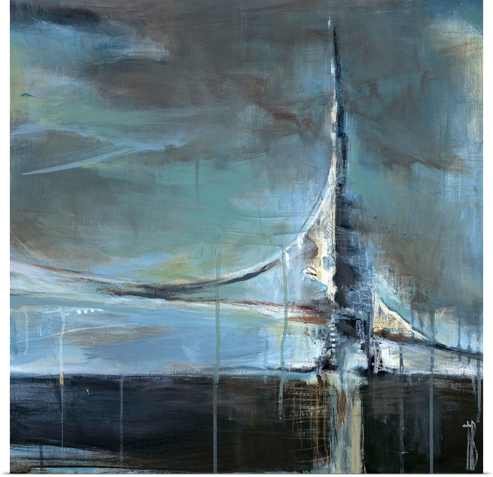 Contemporary abstract painting using deep cool tones and smooth lines to create the form of a suspension bridge.