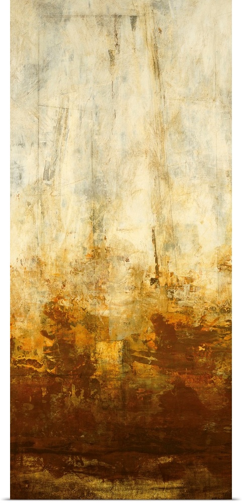 Panoramic abstract art incorporates a distressed bare light background with a base of weathered rust tones beginning to ma...