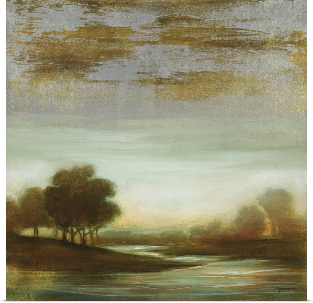 Contemporary painting of an idyllic dark looking landscape with a winding river.