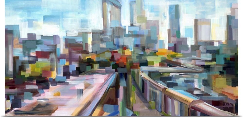 Contemporary abstract painting of an urban environment deconstructed into geometric shapes.