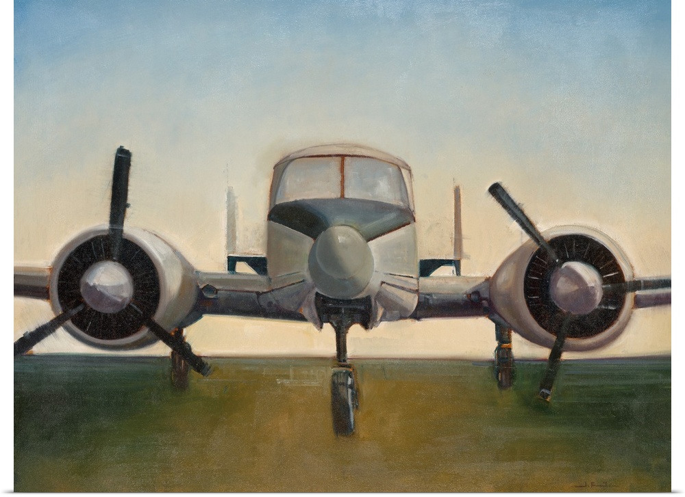 A painting of an airplane preparing to take off on a runway.