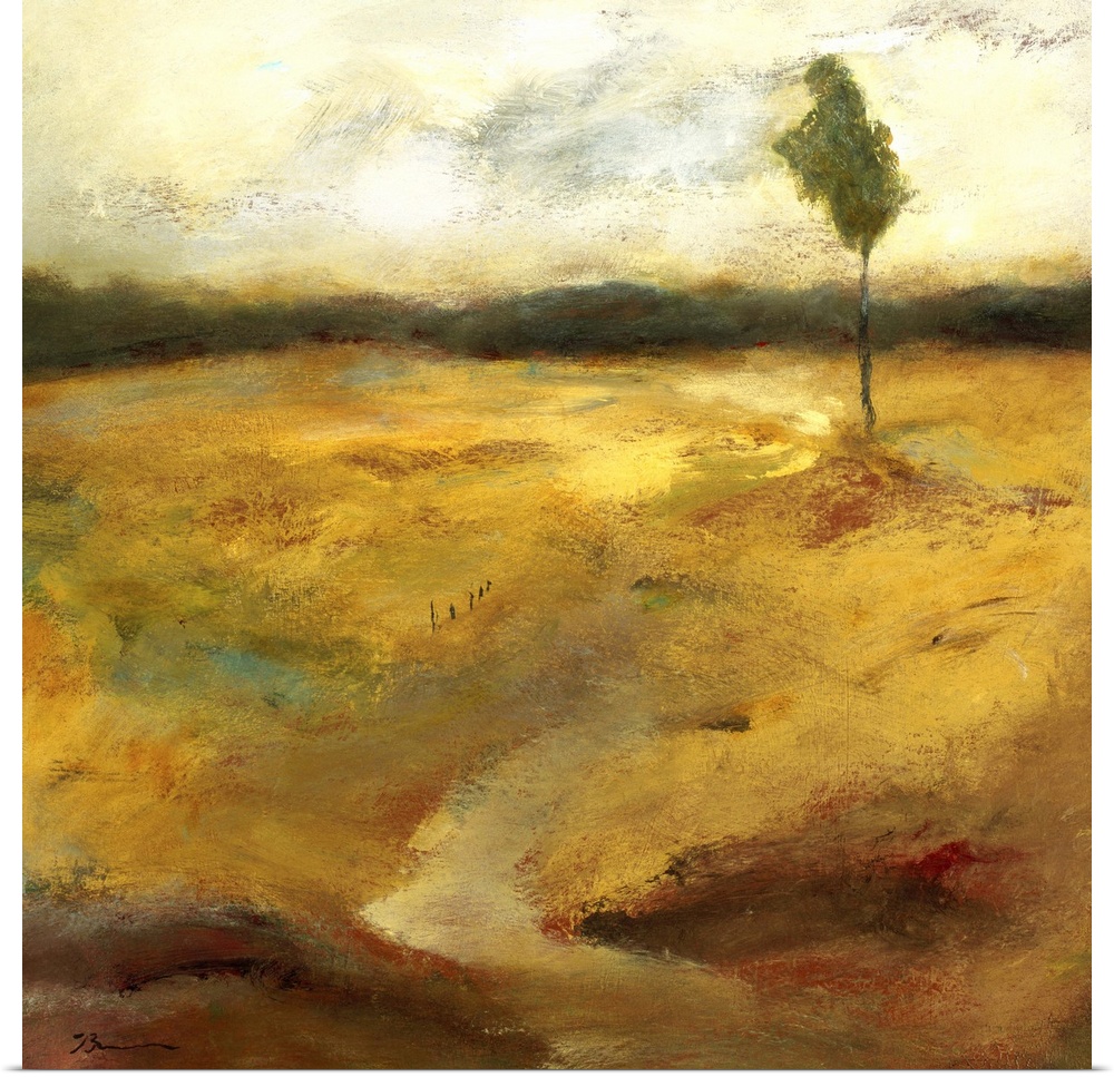 Contemporary painting of a golden earthy toned landscape with a small lone tree in the distance.