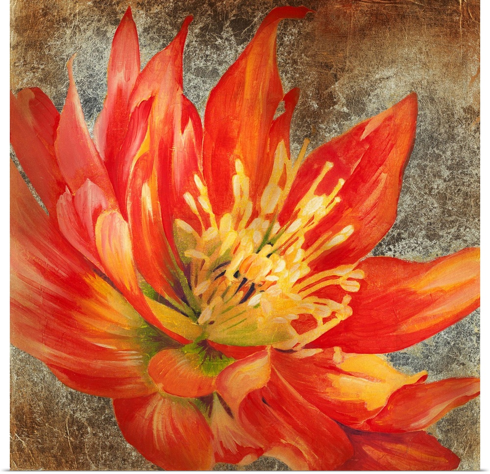 Square artwork of a large red flower with yellow details on a metallic bronze background.