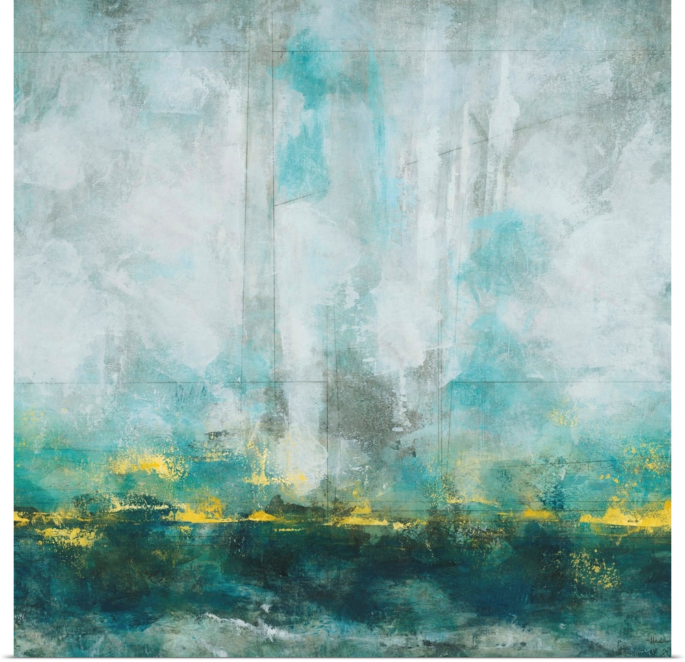 Contemporary abstract painting using a variety of tones surrounding teal.