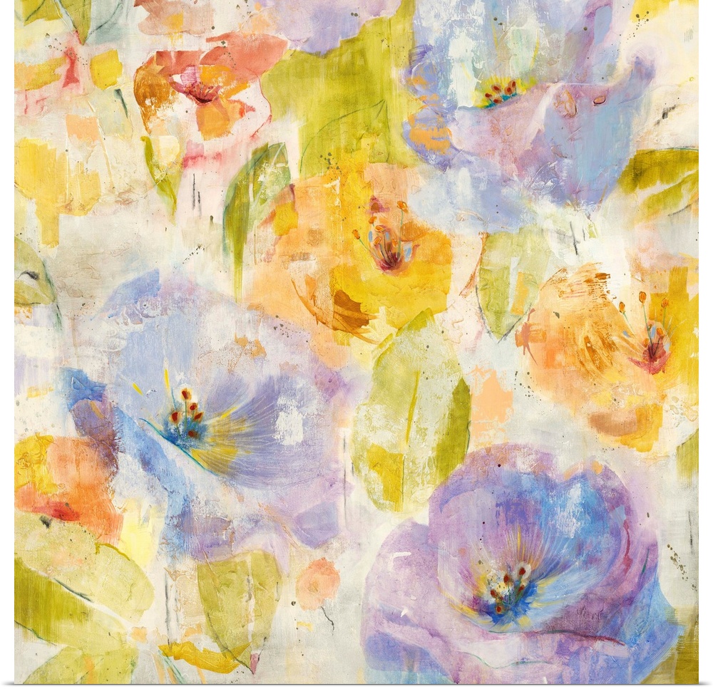 A contemporary painting of soft pale purple and orange flowers.