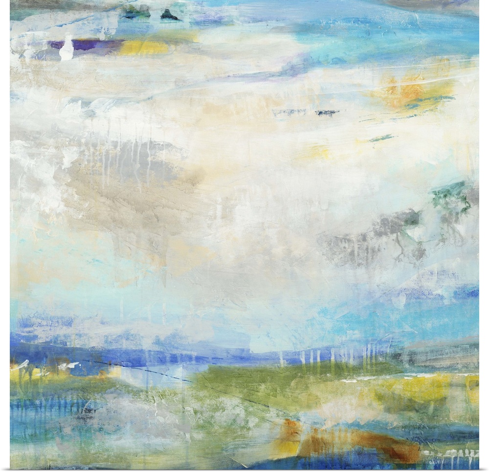 A contemporary abstract painting using predominantly blue tones to convey an abstracted landscape.