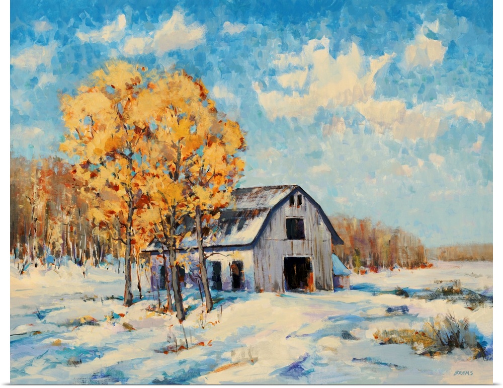 A transitional style painting on a white barn and free with golden leaves in a snowy winter landscape