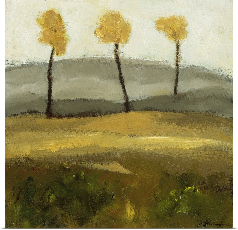 Contemporary landscape painting with three trees in autumn foliage standing together in the distance.