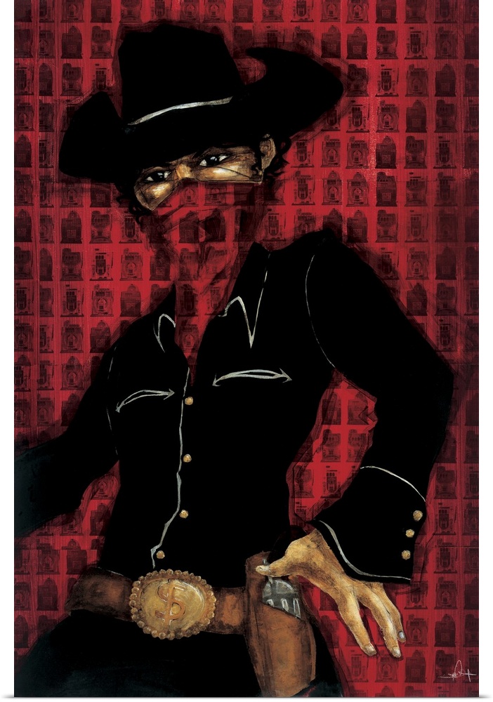 A painting of a bandit wearing all black and red kerchief on his face.