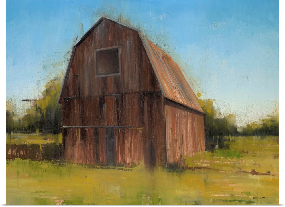 Contemporary painting of a tall wooden barn in a country landscape.