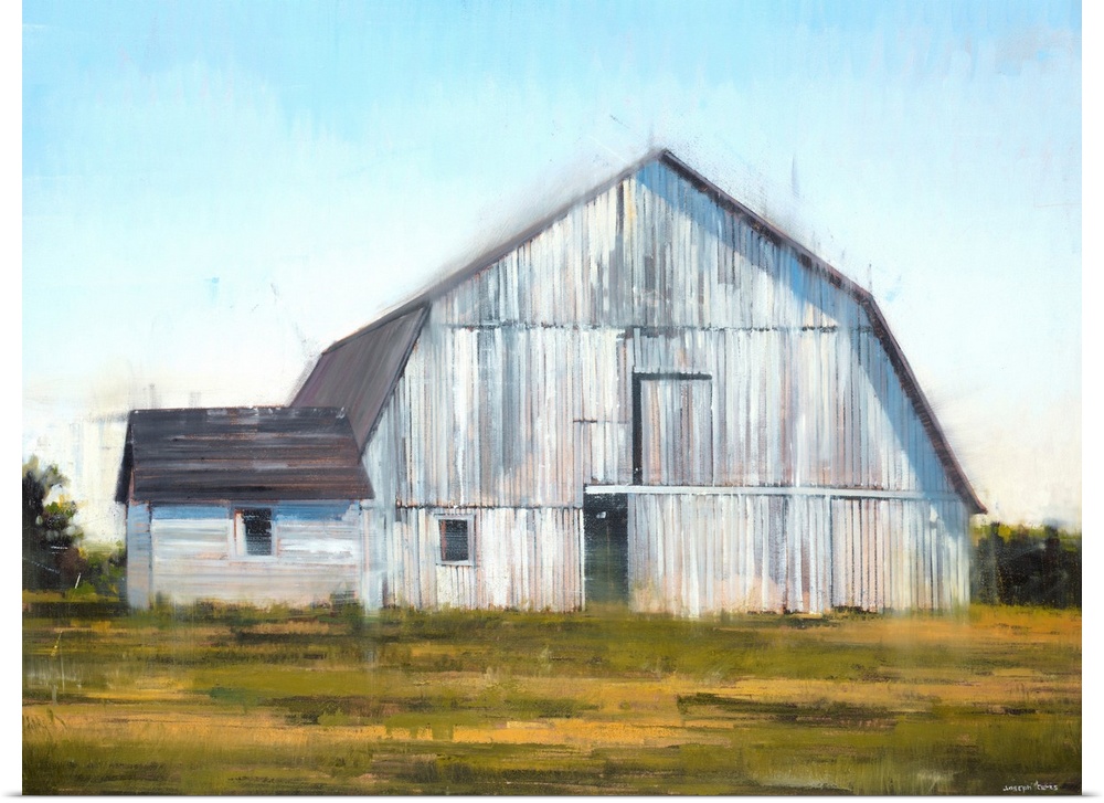 Contemporary painting of a large white barn with a rustic feel.