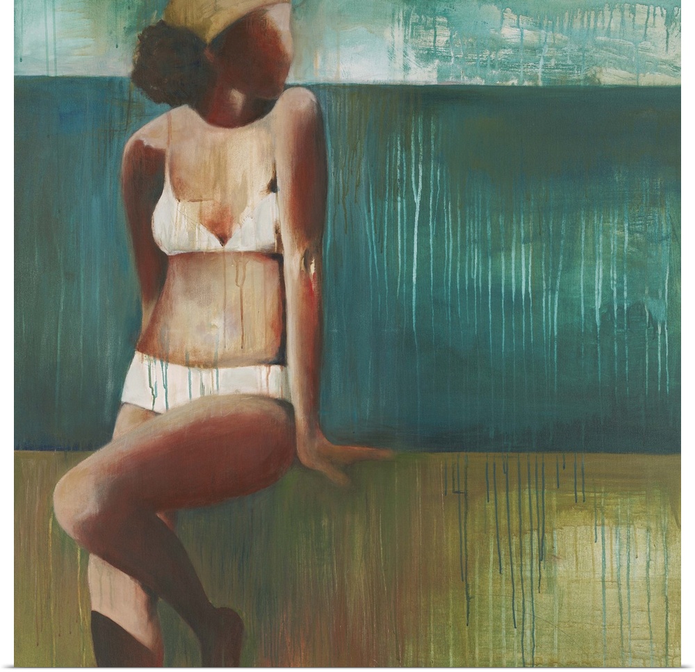 Contemporary figurative painting of a woman wearing a white bikini.