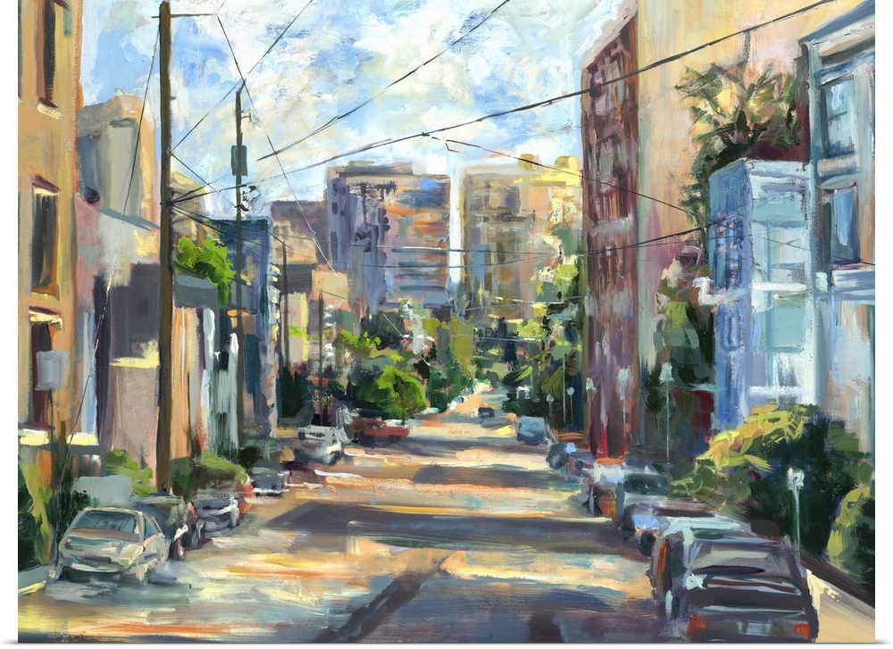 Contemporary painting looking down a city street.