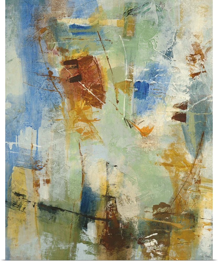 A contemporary abstract painting using tones of blue and green, with hints of earth tones.
