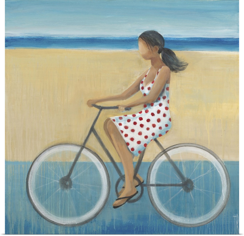 Contemporary figurative painting of a woman riding a bicycle.